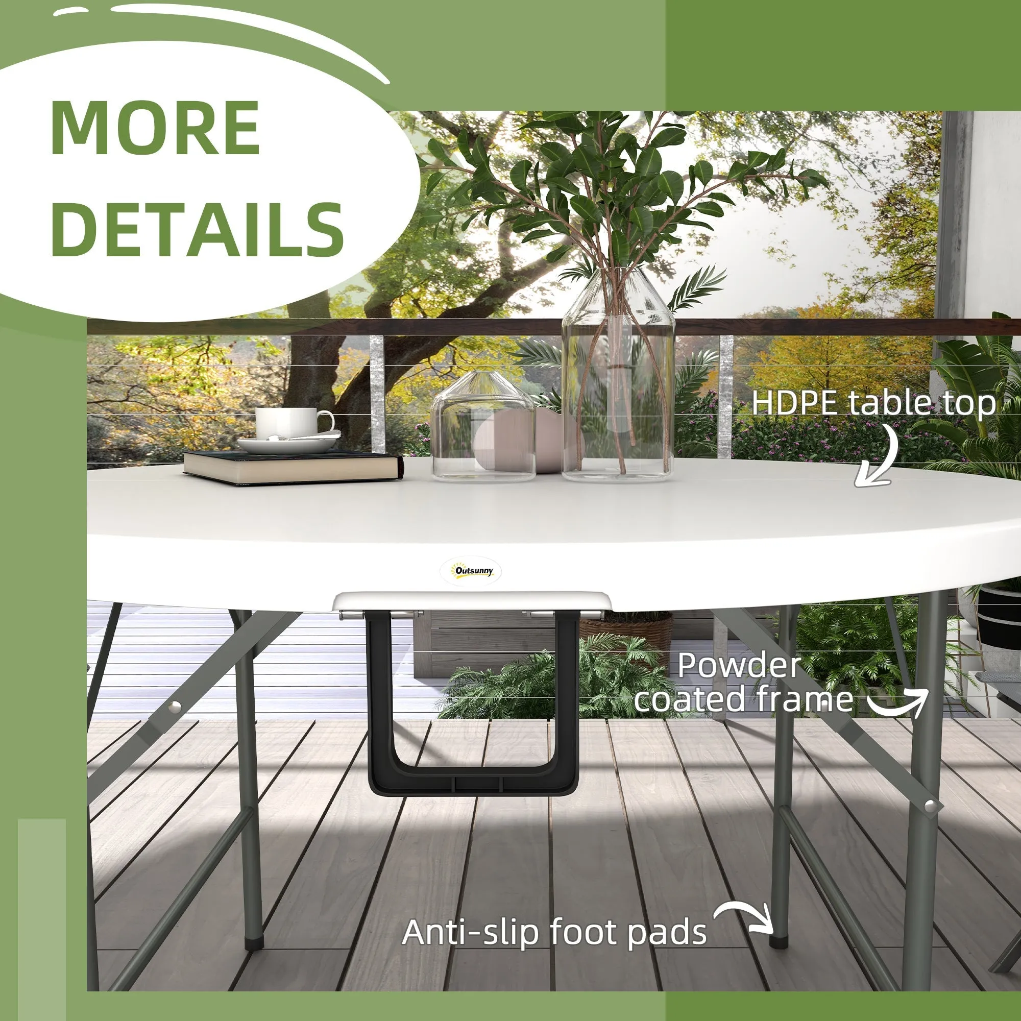 122cm Folding Garden Table, Outdoor HDPE Round Picnic Table for 6, Patio Table with Metal Frame, White