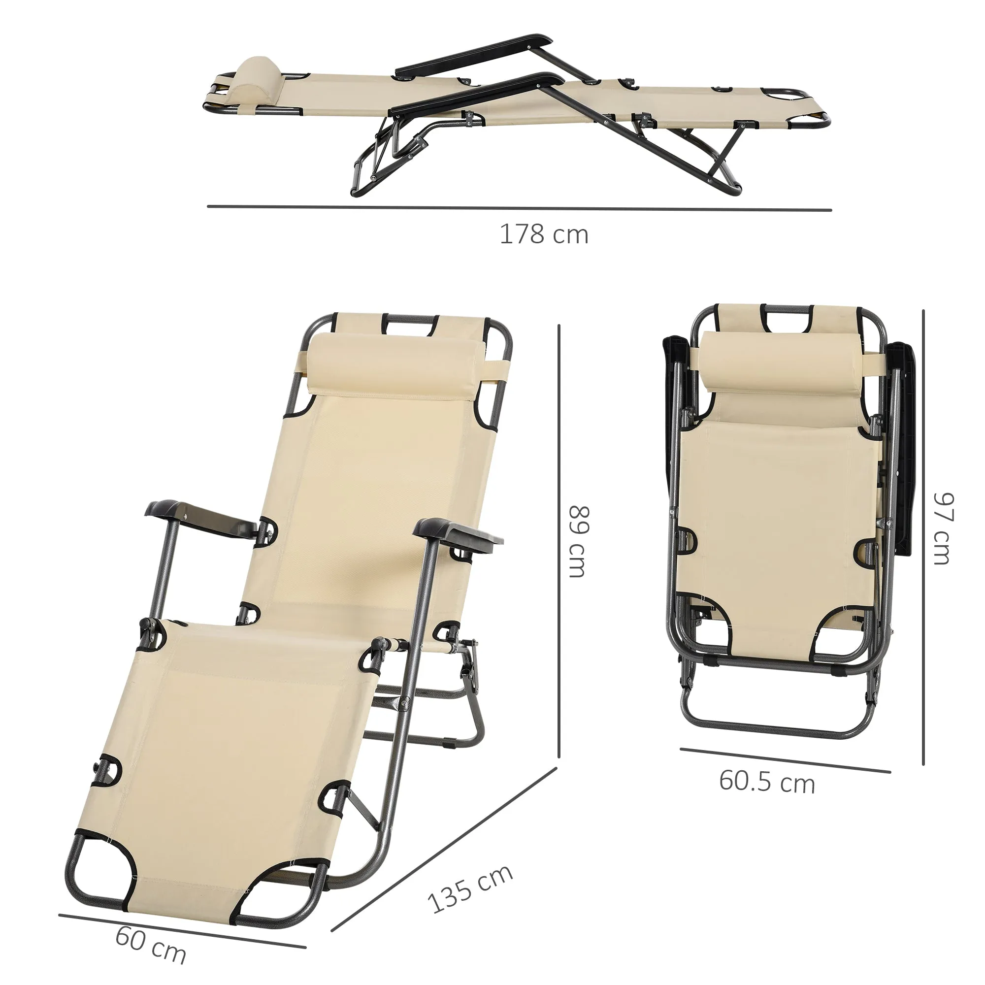 2 in 1 Sun Lounger Folding Reclining Chair Garden Outdoor Camping Adjustable Back with Pillow Beige Chaise Backyard