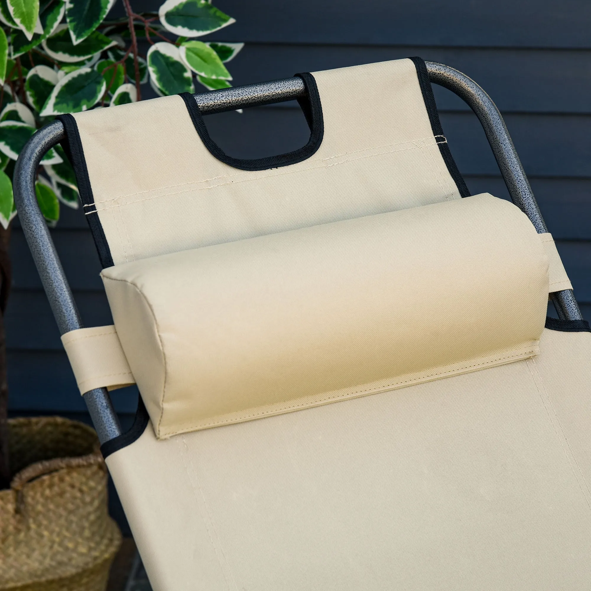 2 in 1 Sun Lounger Folding Reclining Chair Garden Outdoor Camping Adjustable Back with Pillow Beige Chaise Backyard