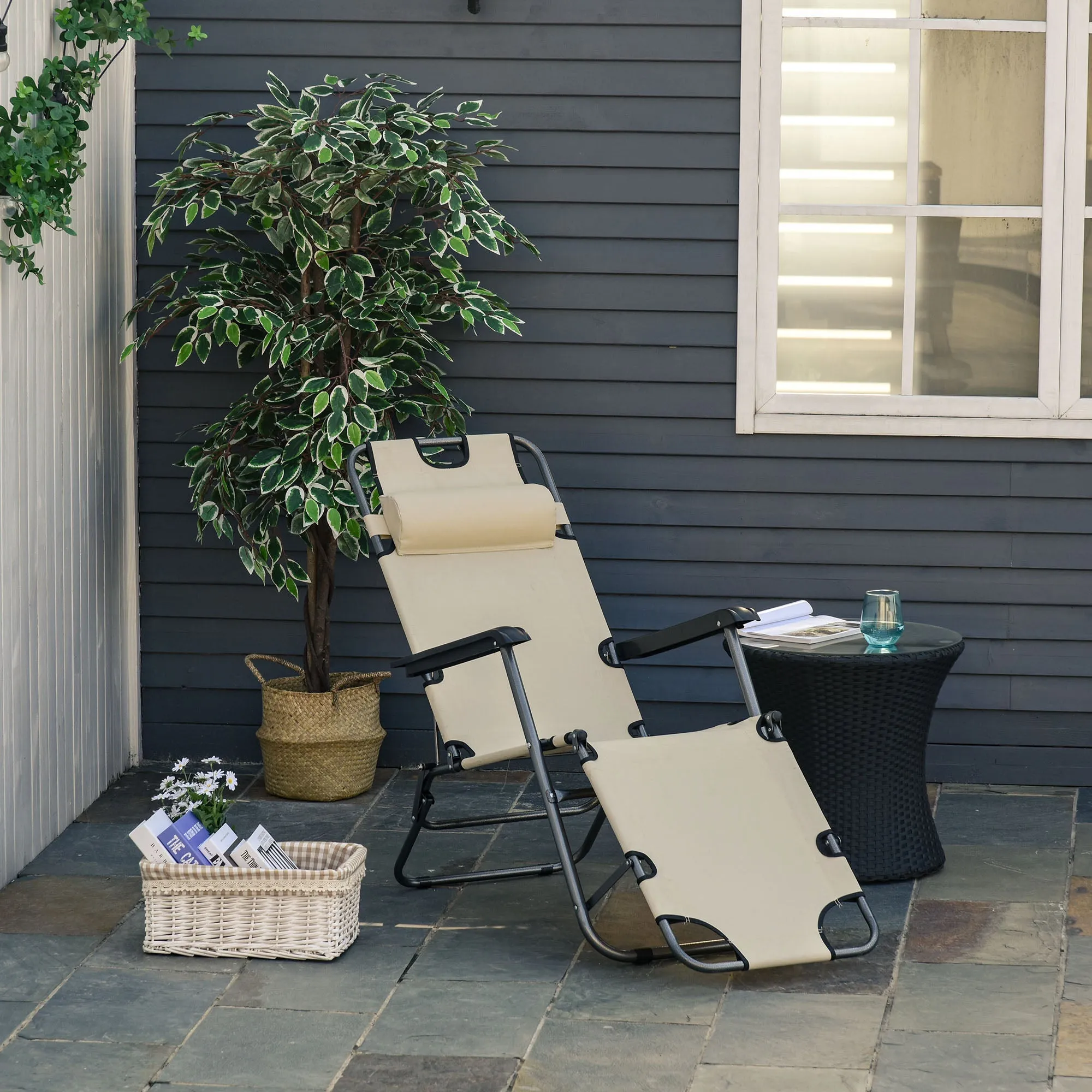 2 in 1 Sun Lounger Folding Reclining Chair Garden Outdoor Camping Adjustable Back with Pillow Beige Chaise Backyard