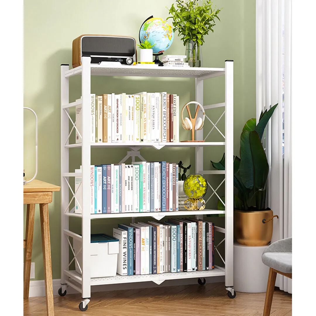 4 Tier Steel Foldable Display Stand Shelves Portable Storage Organiser W/ Wheels White