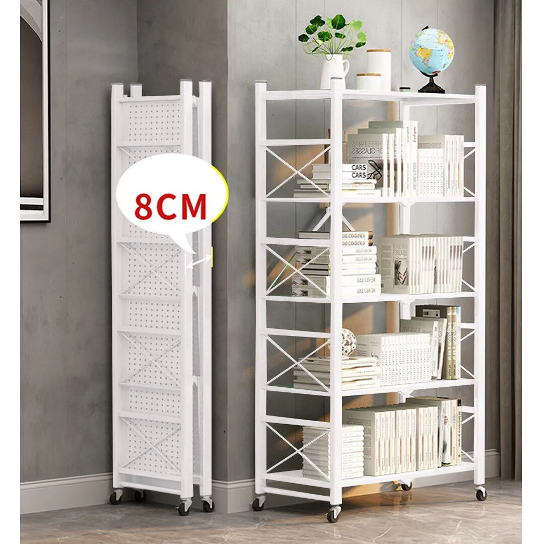 4 Tier Steel Foldable Display Stand Shelves Portable Storage Organiser W/ Wheels White