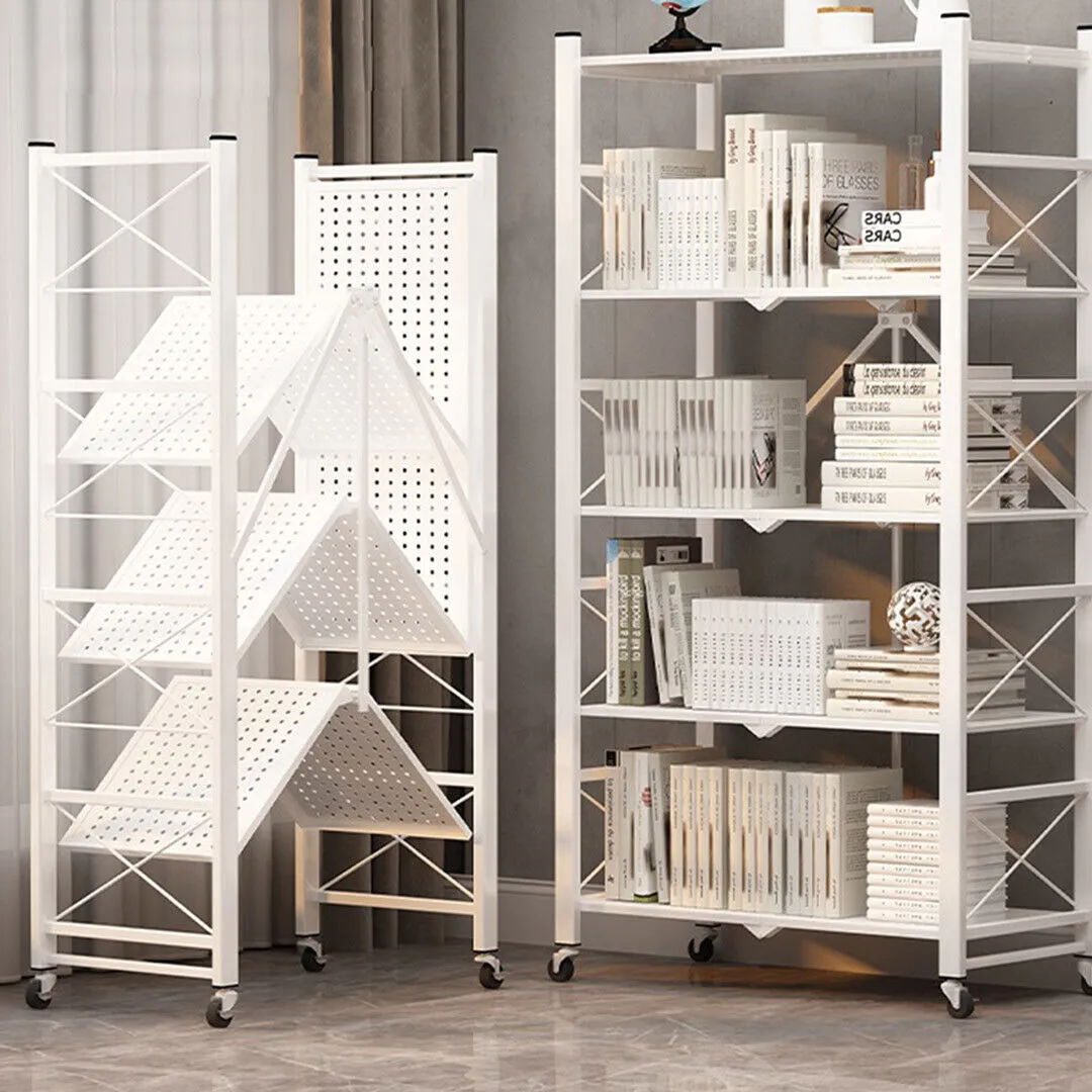 4 Tier Steel Foldable Display Stand Shelves Portable Storage Organiser W/ Wheels White