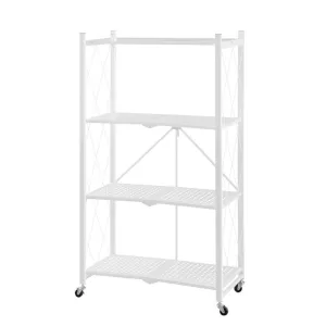 4 Tier Steel Foldable Display Stand Shelves Portable Storage Organiser W/ Wheels White