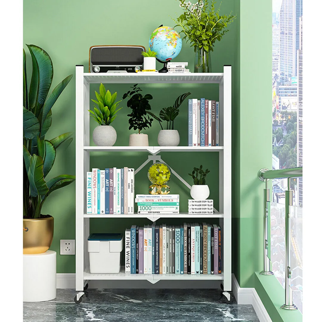 4 Tier Steel Foldable Display Stand Shelves Portable Storage Organiser W/ Wheels White