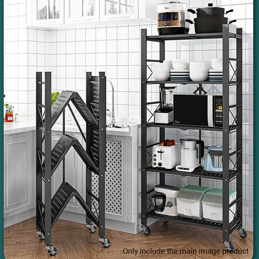 5 Tier Steel Foldable Display Stand Shelves Portable Storage Organiser W/ Wheels Black