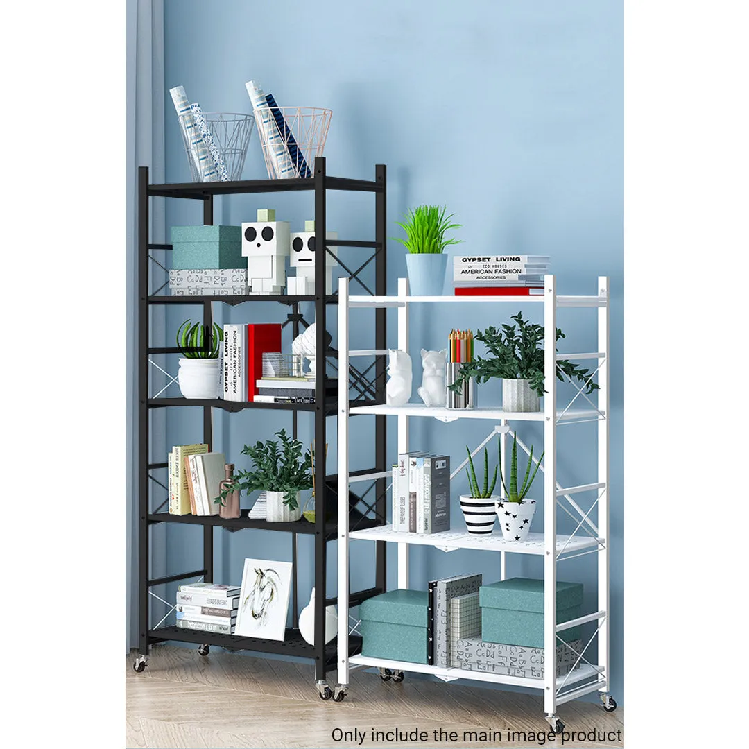 5 Tier Steel Foldable Display Stand Shelves Portable Storage Organiser W/ Wheels Black