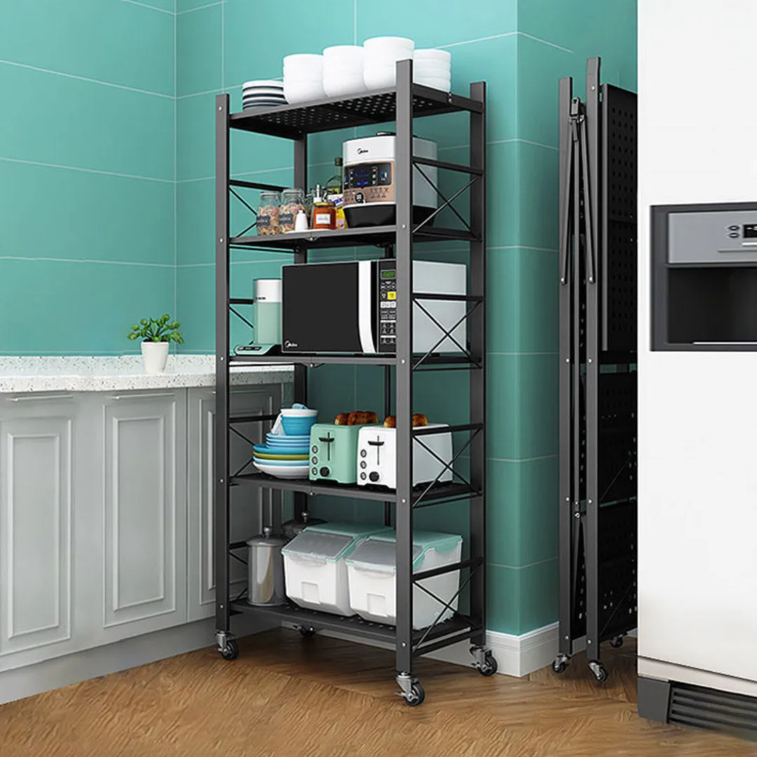 5 Tier Steel Foldable Display Stand Shelves Portable Storage Organiser W/ Wheels Black