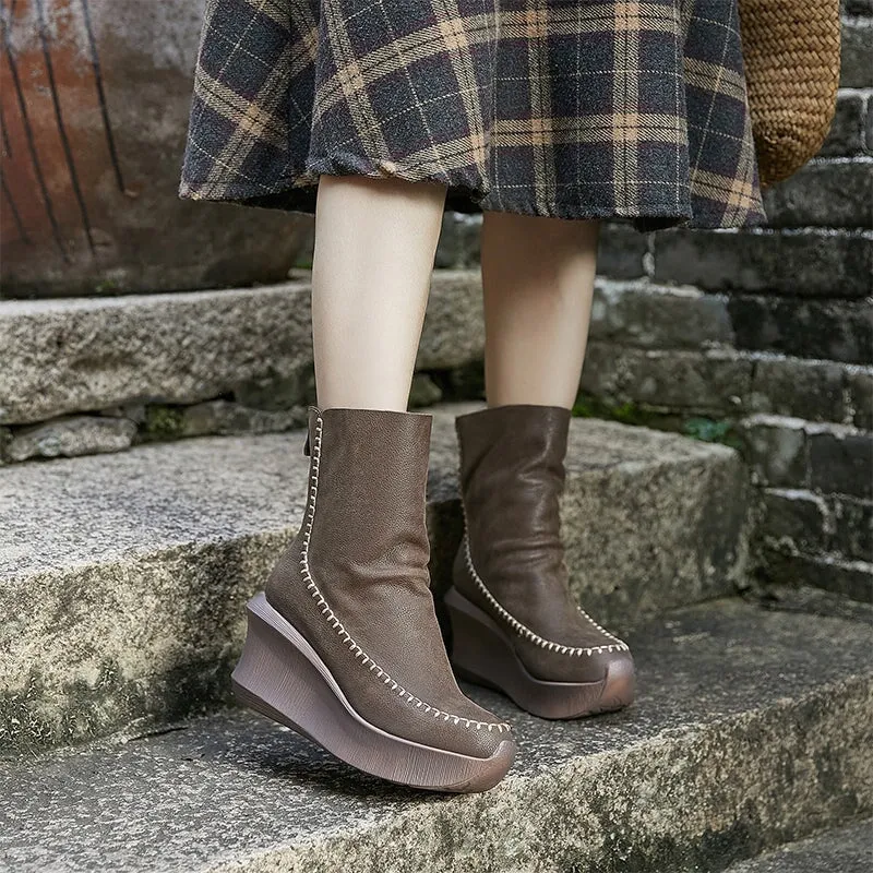80mm Wedge Ankle Boots For Women Handmade Leather Designer Ankle Booties in Black/Coffee