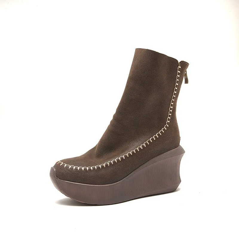 80mm Wedge Ankle Boots For Women Handmade Leather Designer Ankle Booties in Black/Coffee