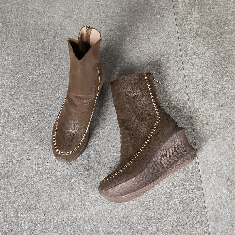 80mm Wedge Ankle Boots For Women Handmade Leather Designer Ankle Booties in Black/Coffee