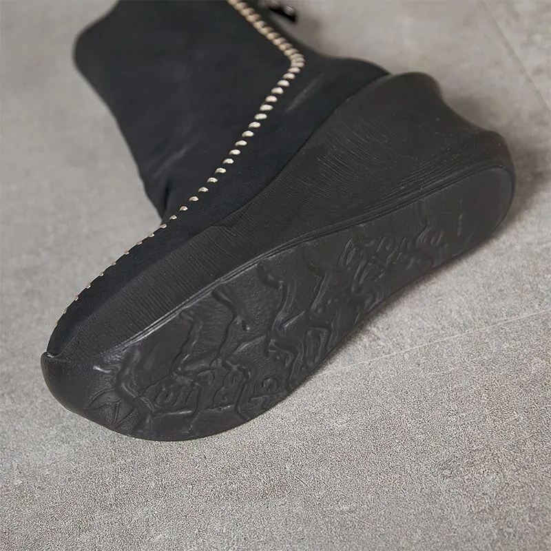 80mm Wedge Ankle Boots For Women Handmade Leather Designer Ankle Booties in Black/Coffee