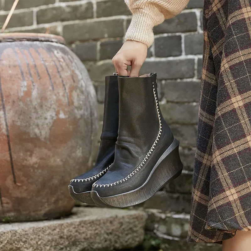 80mm Wedge Ankle Boots For Women Handmade Leather Designer Ankle Booties in Black/Coffee