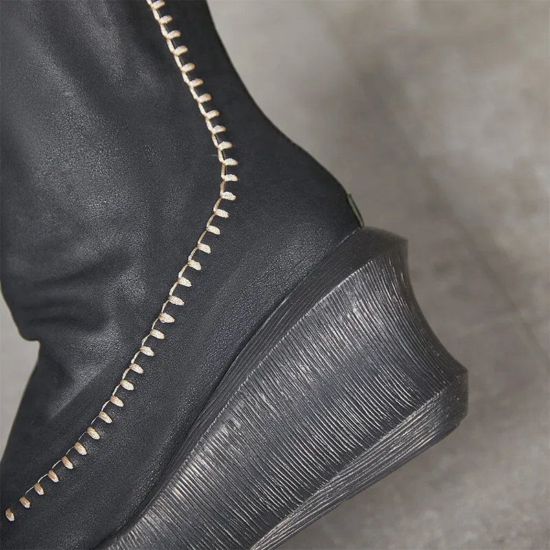 80mm Wedge Ankle Boots For Women Handmade Leather Designer Ankle Booties in Black/Coffee