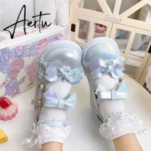 Aiertu  Kawaii Lolita Shoes Party Fashion Japanese Style Cute Mary Janes Women Shoes Sweet Bow Tie Patchwork Buckle Ladies Footwear