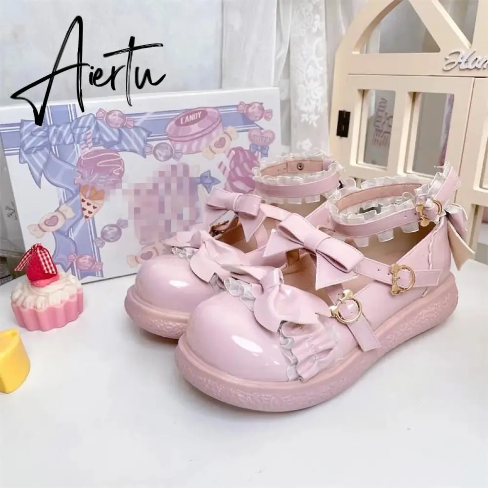 Aiertu  Kawaii Lolita Shoes Party Fashion Japanese Style Cute Mary Janes Women Shoes Sweet Bow Tie Patchwork Buckle Ladies Footwear