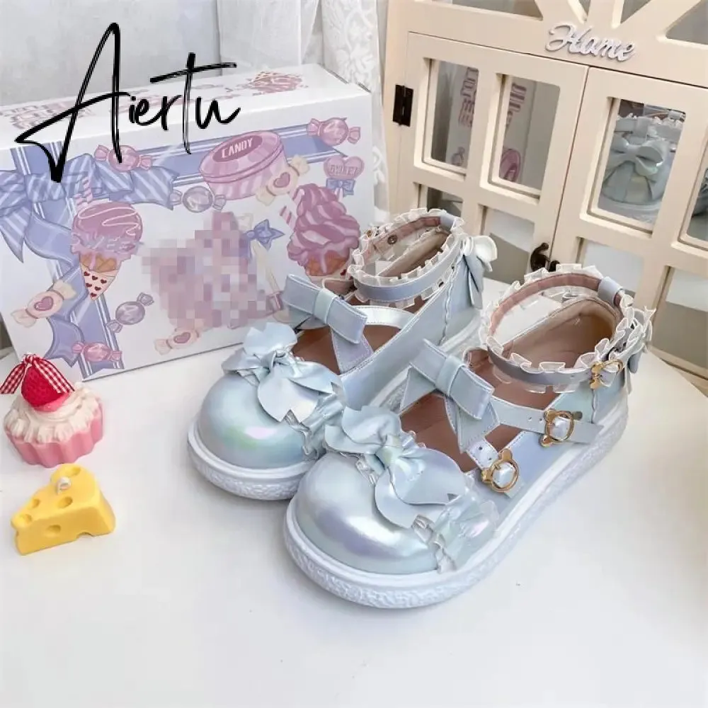 Aiertu  Kawaii Lolita Shoes Party Fashion Japanese Style Cute Mary Janes Women Shoes Sweet Bow Tie Patchwork Buckle Ladies Footwear