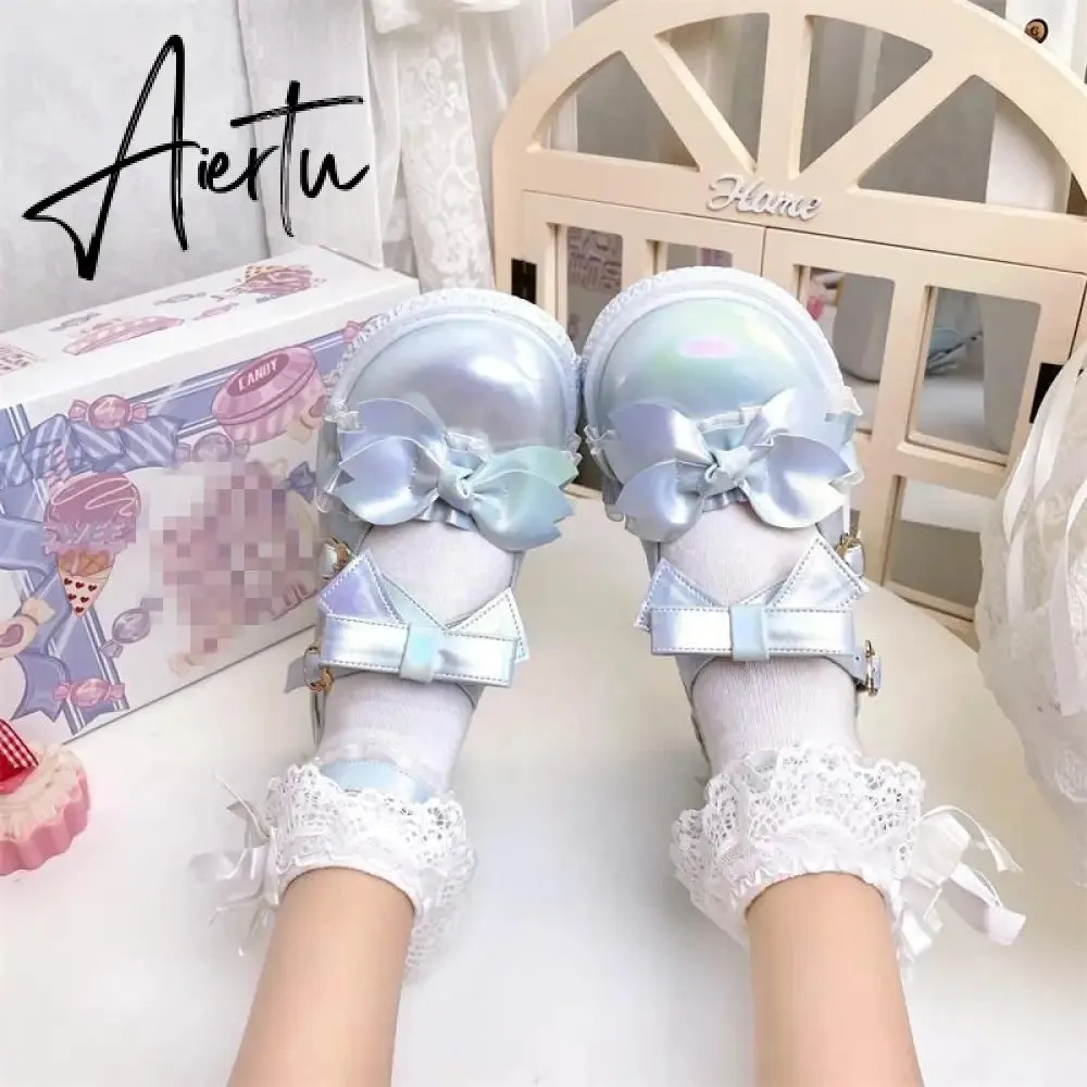 Aiertu  Kawaii Lolita Shoes Party Fashion Japanese Style Cute Mary Janes Women Shoes Sweet Bow Tie Patchwork Buckle Ladies Footwear