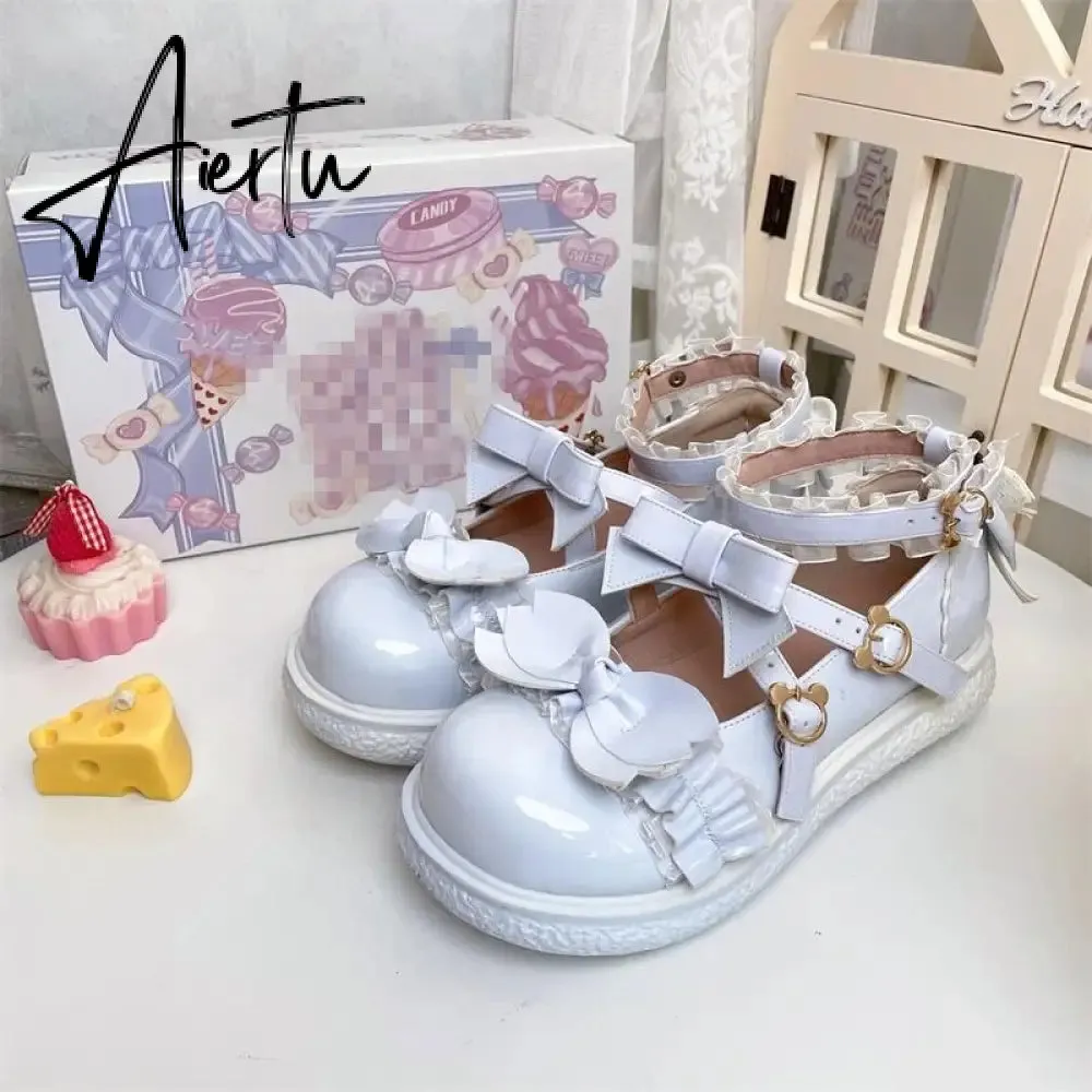 Aiertu  Kawaii Lolita Shoes Party Fashion Japanese Style Cute Mary Janes Women Shoes Sweet Bow Tie Patchwork Buckle Ladies Footwear