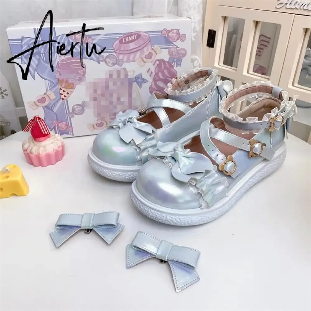 Aiertu  Kawaii Lolita Shoes Party Fashion Japanese Style Cute Mary Janes Women Shoes Sweet Bow Tie Patchwork Buckle Ladies Footwear