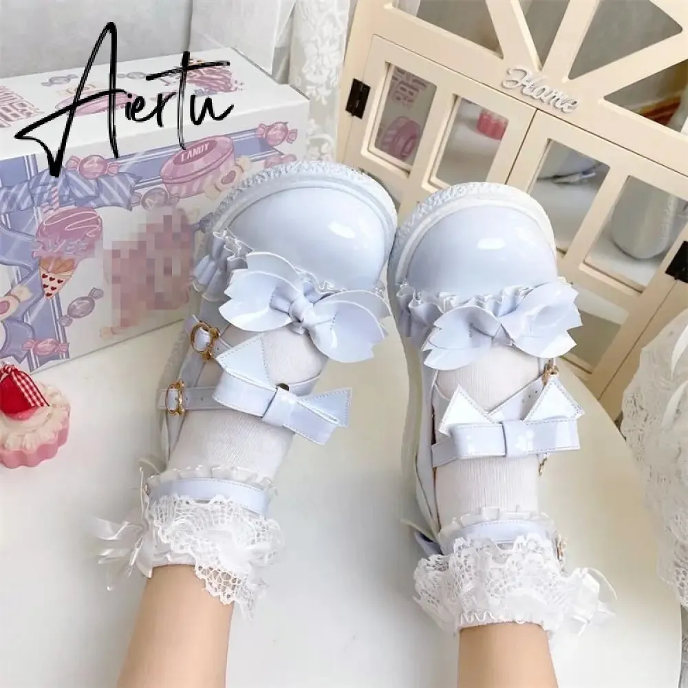 Aiertu  Kawaii Lolita Shoes Party Fashion Japanese Style Cute Mary Janes Women Shoes Sweet Bow Tie Patchwork Buckle Ladies Footwear
