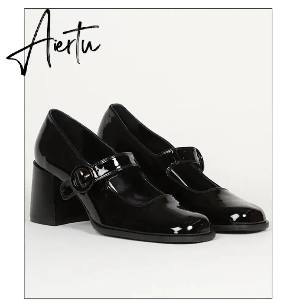 Aiertu Woman‘s New Mary Janes Shoes Genuine Leather Shallow Square Heel Pumps Buckle Strap Round Toe Lady Footwear