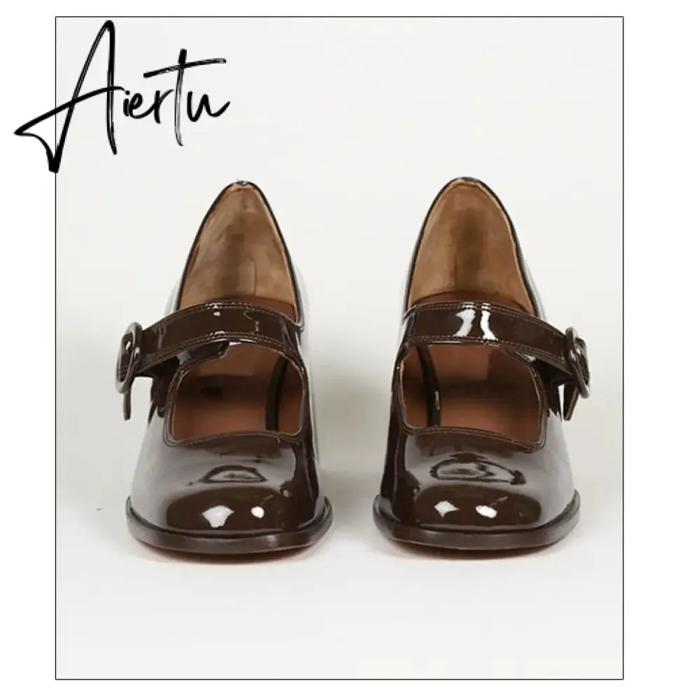 Aiertu Woman‘s New Mary Janes Shoes Genuine Leather Shallow Square Heel Pumps Buckle Strap Round Toe Lady Footwear