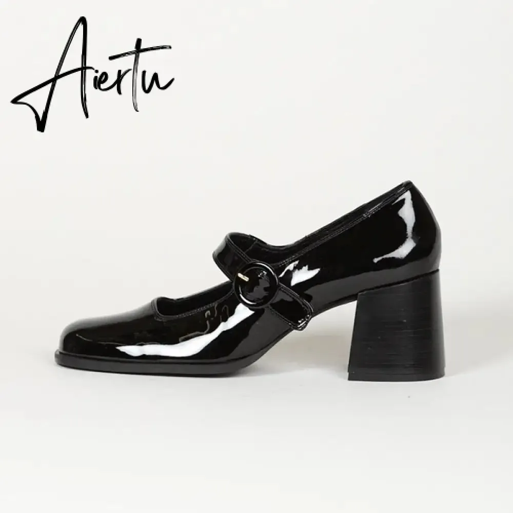 Aiertu Woman‘s New Mary Janes Shoes Genuine Leather Shallow Square Heel Pumps Buckle Strap Round Toe Lady Footwear