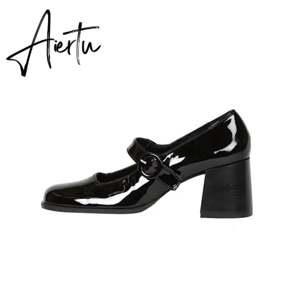 Aiertu Woman‘s New Mary Janes Shoes Genuine Leather Shallow Square Heel Pumps Buckle Strap Round Toe Lady Footwear