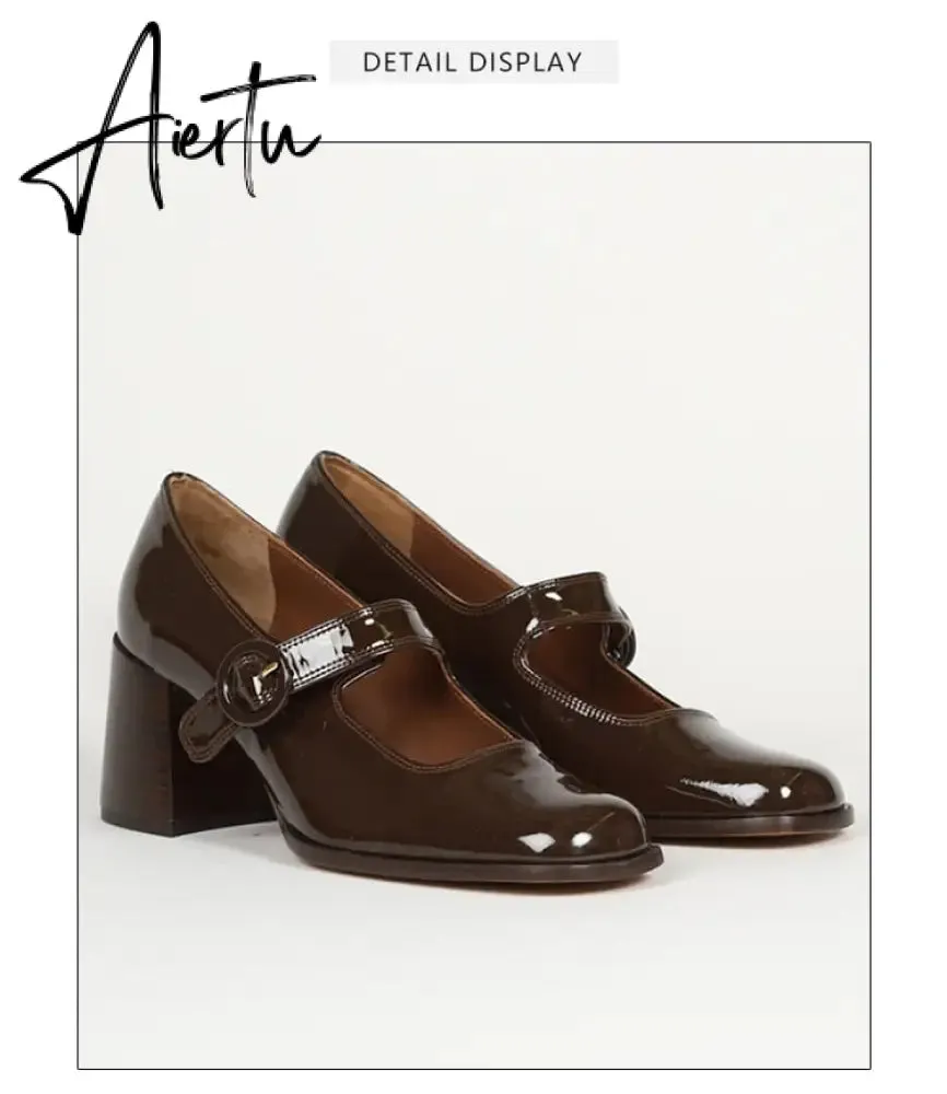 Aiertu Woman‘s New Mary Janes Shoes Genuine Leather Shallow Square Heel Pumps Buckle Strap Round Toe Lady Footwear