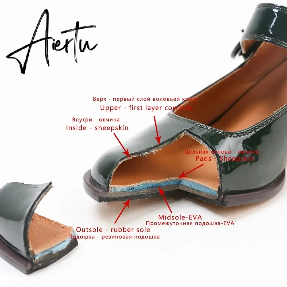 Aiertu Woman‘s New Mary Janes Shoes Genuine Leather Shallow Square Heel Pumps Buckle Strap Round Toe Lady Footwear