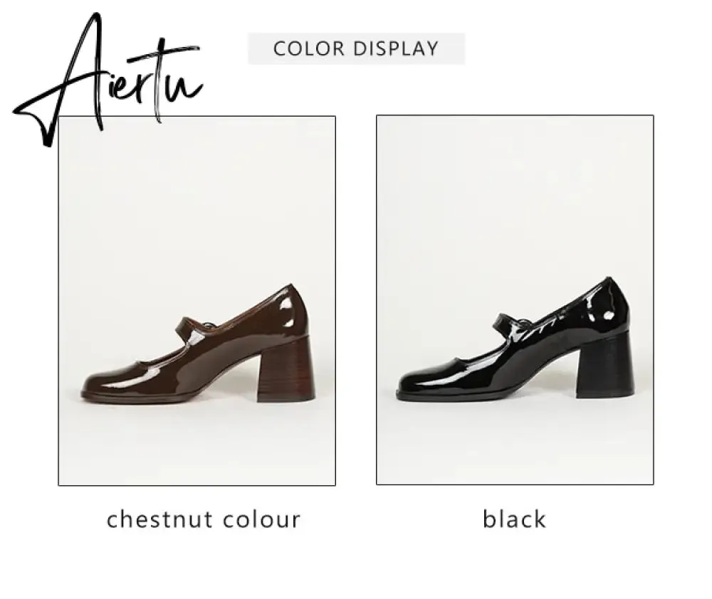 Aiertu Woman‘s New Mary Janes Shoes Genuine Leather Shallow Square Heel Pumps Buckle Strap Round Toe Lady Footwear