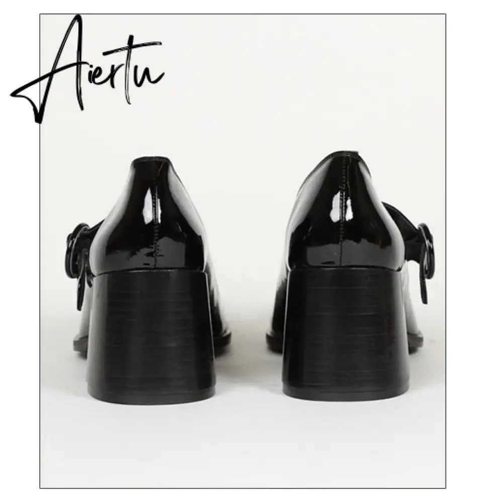 Aiertu Woman‘s New Mary Janes Shoes Genuine Leather Shallow Square Heel Pumps Buckle Strap Round Toe Lady Footwear