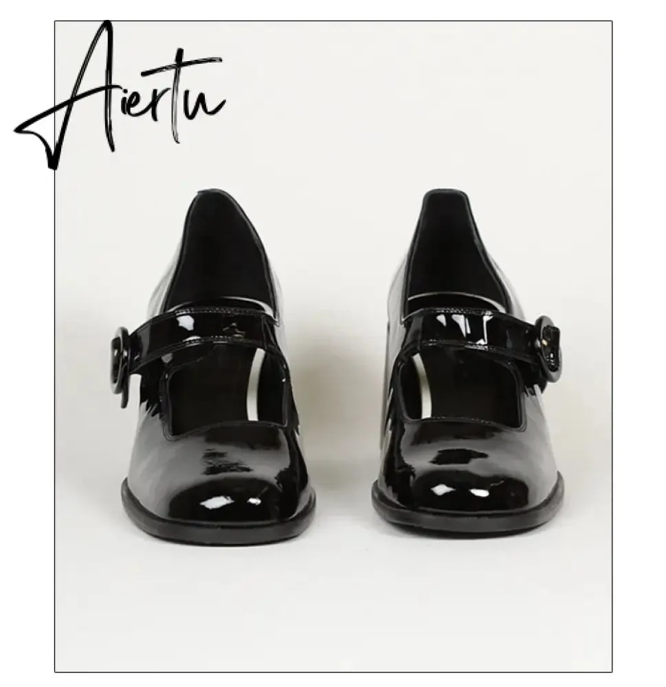 Aiertu Woman‘s New Mary Janes Shoes Genuine Leather Shallow Square Heel Pumps Buckle Strap Round Toe Lady Footwear
