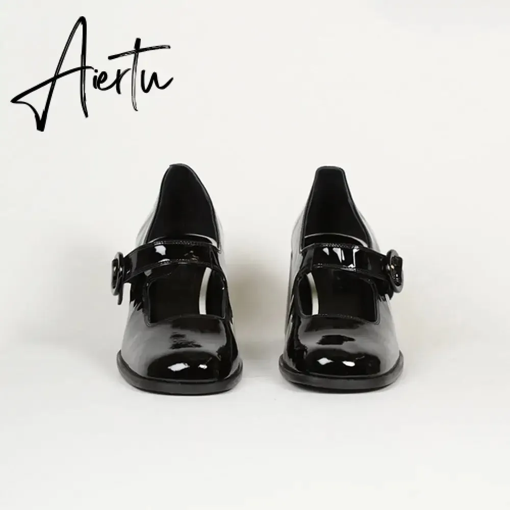 Aiertu Woman‘s New Mary Janes Shoes Genuine Leather Shallow Square Heel Pumps Buckle Strap Round Toe Lady Footwear