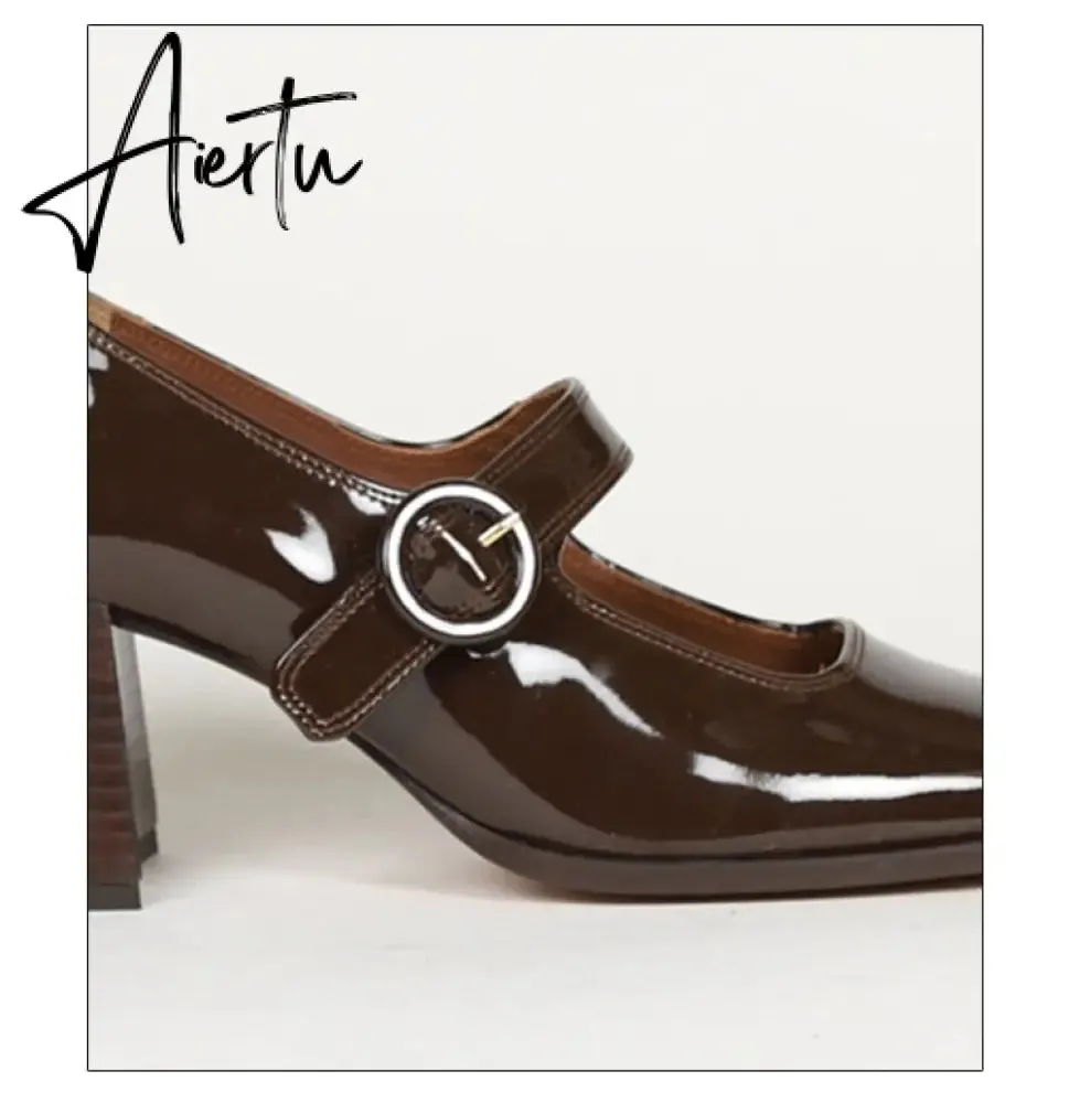 Aiertu Woman‘s New Mary Janes Shoes Genuine Leather Shallow Square Heel Pumps Buckle Strap Round Toe Lady Footwear