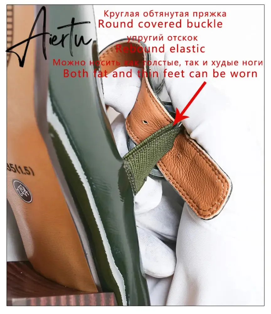 Aiertu Woman‘s New Mary Janes Shoes Genuine Leather Shallow Square Heel Pumps Buckle Strap Round Toe Lady Footwear