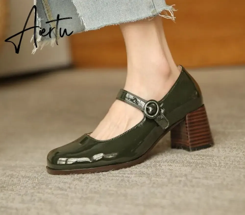 Aiertu Woman‘s New Mary Janes Shoes Genuine Leather Shallow Square Heel Pumps Buckle Strap Round Toe Lady Footwear