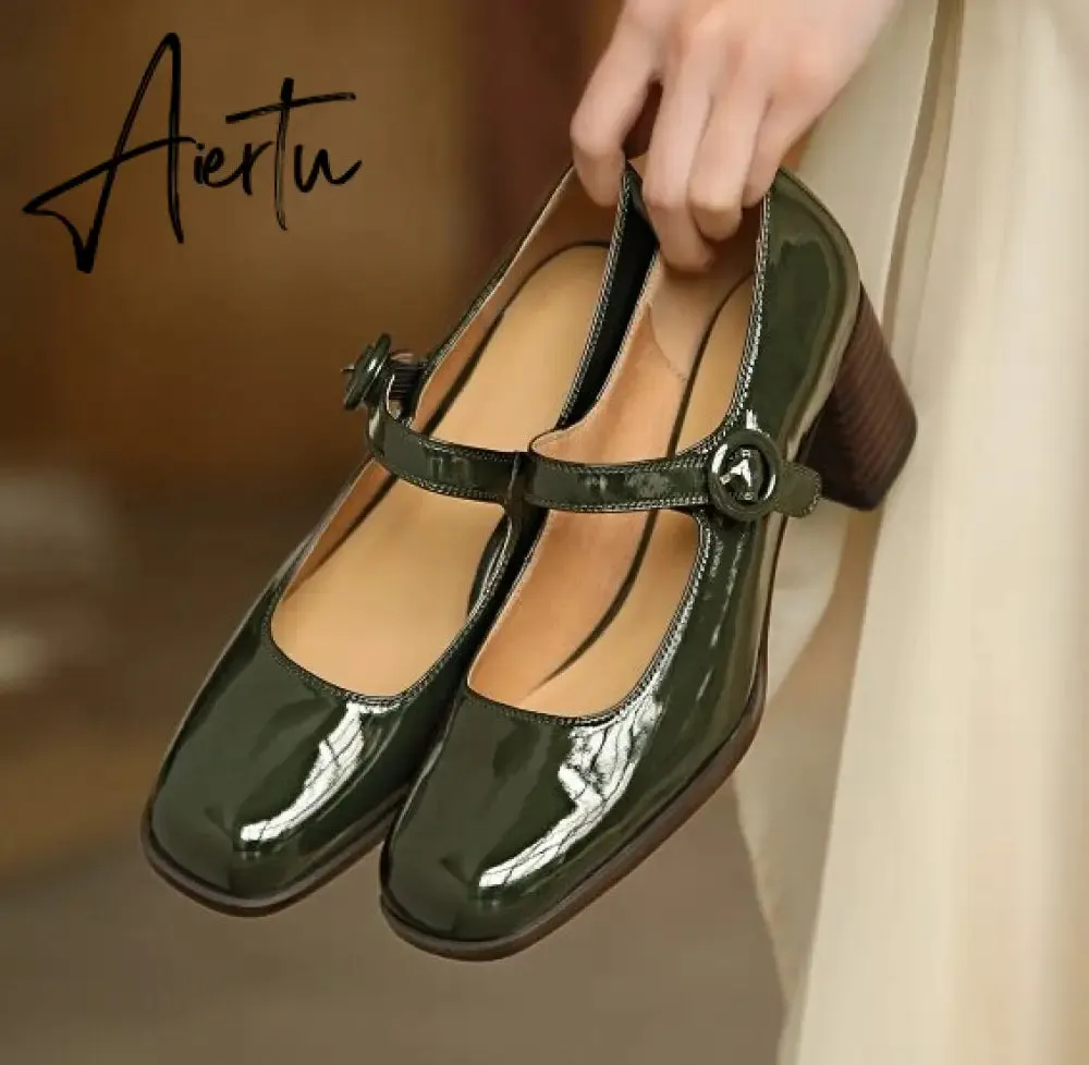 Aiertu Woman‘s New Mary Janes Shoes Genuine Leather Shallow Square Heel Pumps Buckle Strap Round Toe Lady Footwear
