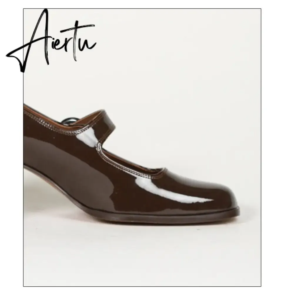Aiertu Woman‘s New Mary Janes Shoes Genuine Leather Shallow Square Heel Pumps Buckle Strap Round Toe Lady Footwear