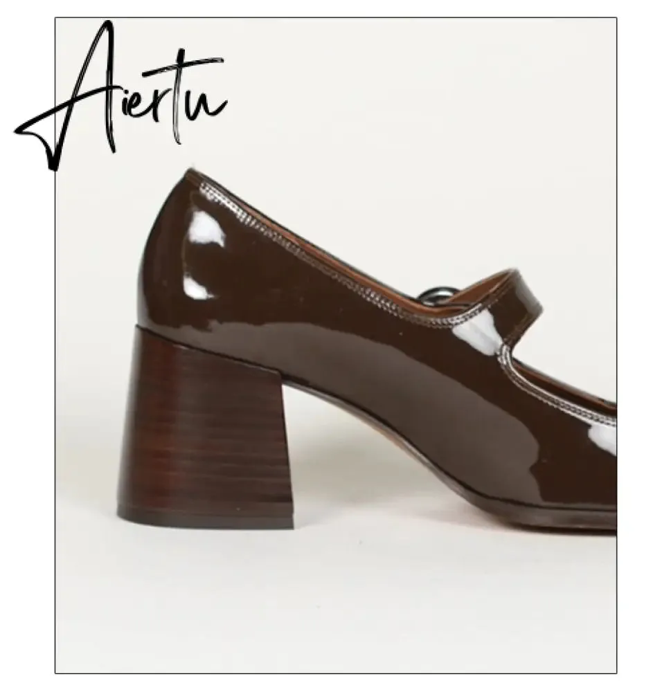 Aiertu Woman‘s New Mary Janes Shoes Genuine Leather Shallow Square Heel Pumps Buckle Strap Round Toe Lady Footwear