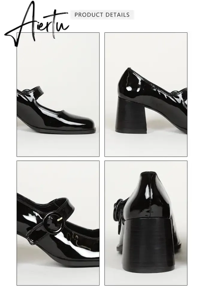Aiertu Woman‘s New Mary Janes Shoes Genuine Leather Shallow Square Heel Pumps Buckle Strap Round Toe Lady Footwear