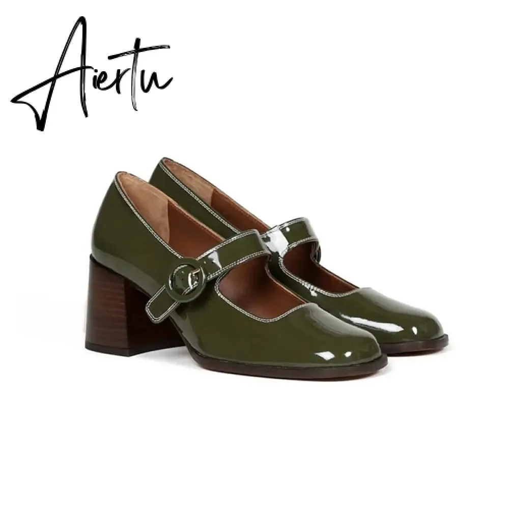 Aiertu Woman‘s New Mary Janes Shoes Genuine Leather Shallow Square Heel Pumps Buckle Strap Round Toe Lady Footwear