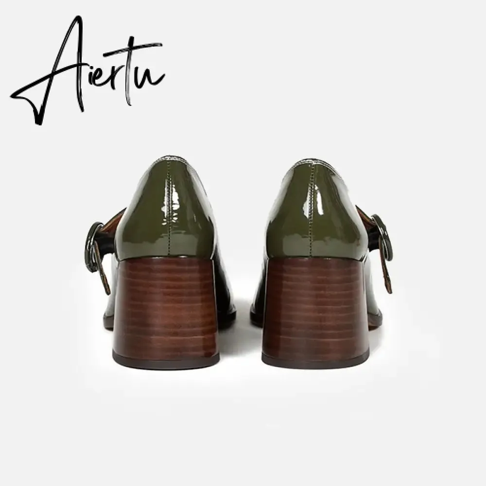 Aiertu Woman‘s New Mary Janes Shoes Genuine Leather Shallow Square Heel Pumps Buckle Strap Round Toe Lady Footwear