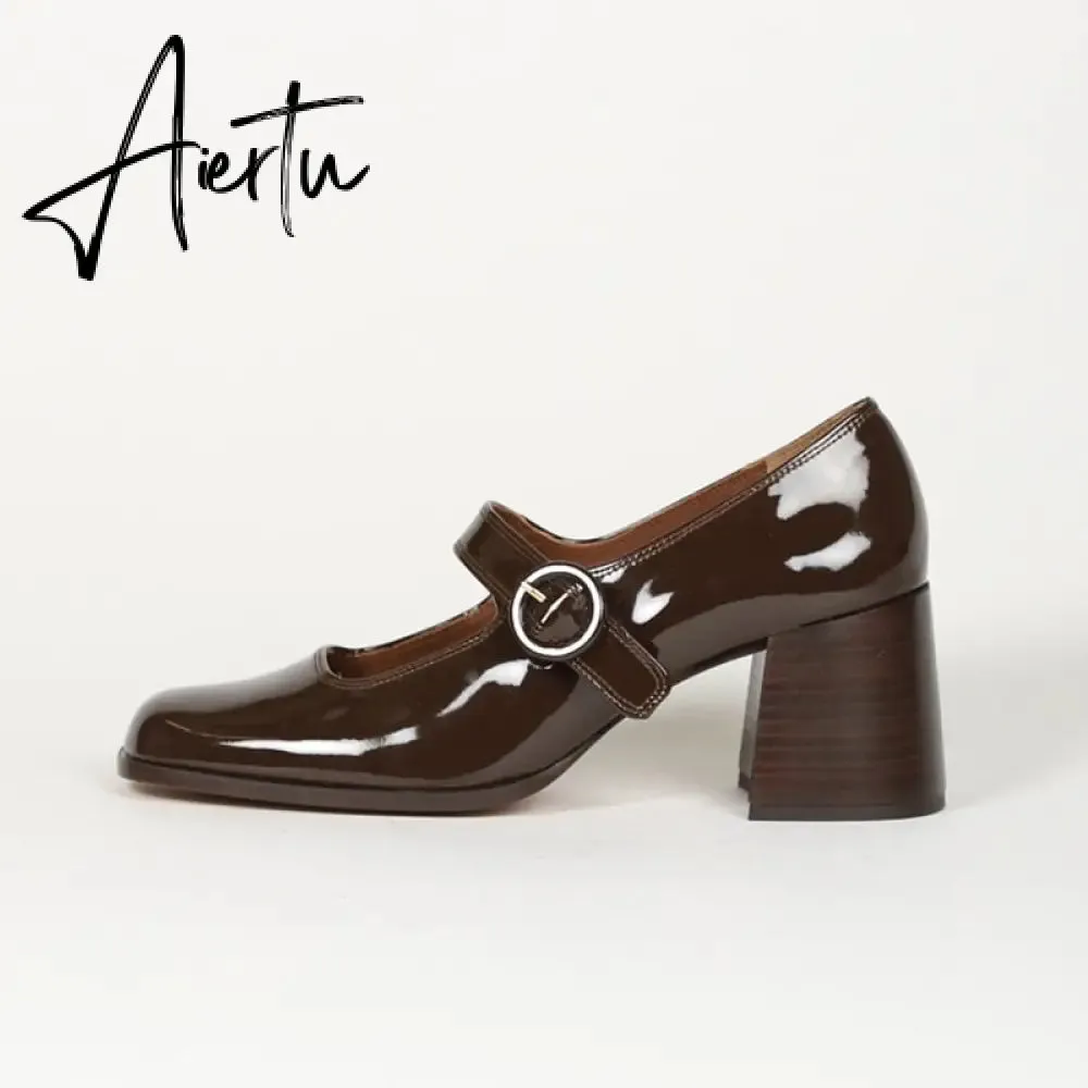 Aiertu Woman‘s New Mary Janes Shoes Genuine Leather Shallow Square Heel Pumps Buckle Strap Round Toe Lady Footwear
