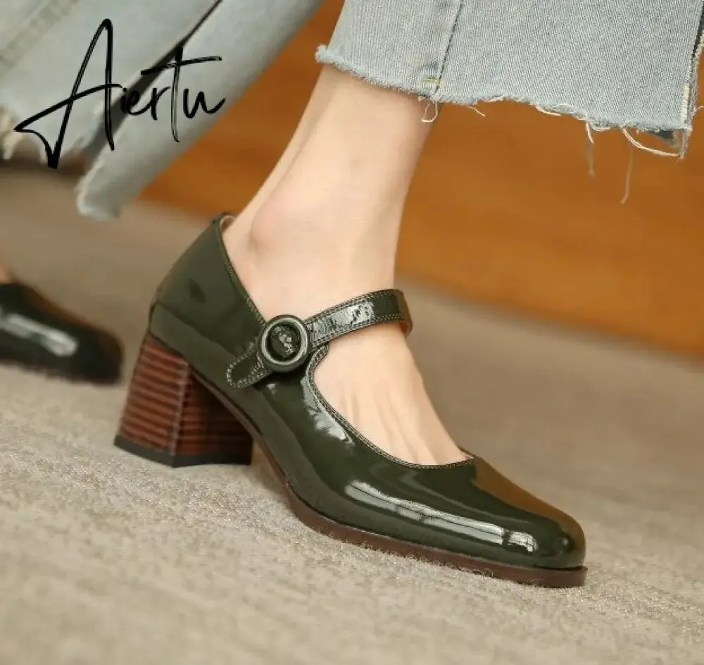 Aiertu Woman‘s New Mary Janes Shoes Genuine Leather Shallow Square Heel Pumps Buckle Strap Round Toe Lady Footwear