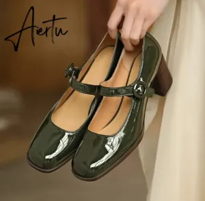 Aiertu Woman‘s New Mary Janes Shoes Genuine Leather Shallow Square Heel Pumps Buckle Strap Round Toe Lady Footwear