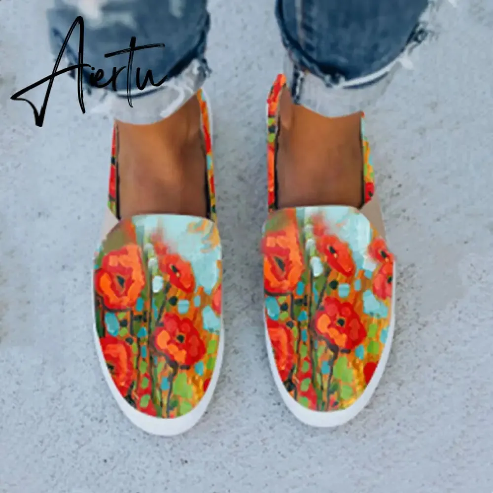 Aiertu Women Flat Shoes Casual Summer Patchwork Printed Leisure Loafers Women Shoes Canvas Slip On Sneakers Women's Vulcanize Shoes