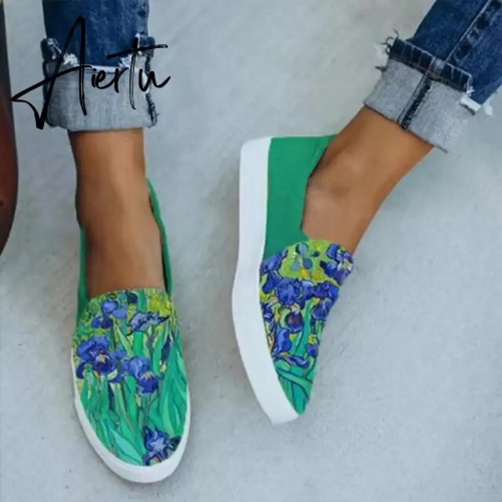 Aiertu Women Flat Shoes Casual Summer Patchwork Printed Leisure Loafers Women Shoes Canvas Slip On Sneakers Women's Vulcanize Shoes