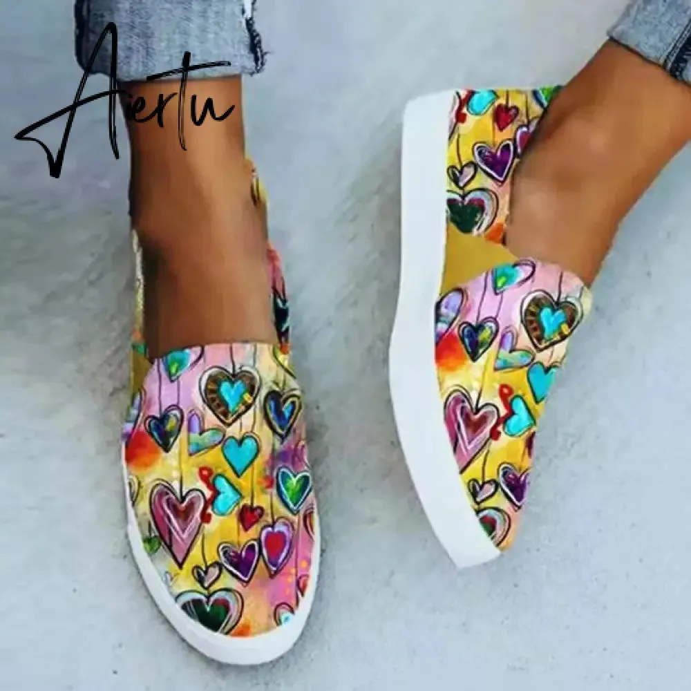 Aiertu Women Flat Shoes Casual Summer Patchwork Printed Leisure Loafers Women Shoes Canvas Slip On Sneakers Women's Vulcanize Shoes